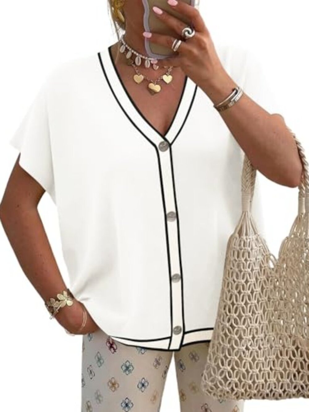 Oversized Short Sleeve V-Neck Button Cardigan Lightweight Knitted Trendy Sweater - Picture 2 of 7